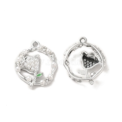 Rack Plating Alloy Enamel Pendants, with ABS Plastic Imitation Pearl and Rhinestone, Nickel Free, Ring with Flower, Platinum, 21x18x5mm, Hole: 1.6mm(PALLOY-O106-28P)