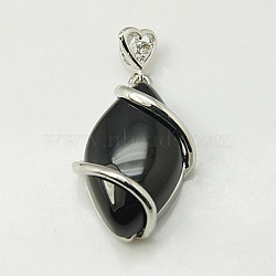 Natural Black Agate Pendants, with Brass Rhinestone Findings,  Horse Eye, 36x17.5x7~9mm, Hole: 2.5x4mm(G-G073-3)