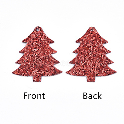 PU Leather Big Pendants, with Glitter Sequins/Paillette, Christmas Tree, Red, 55x47x2mm, Hole: 1.6mm(FIND-S313-002A)