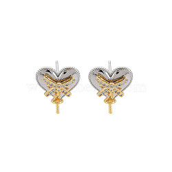 Brass Micro Pave Clear Cubic Zirconia Stud Earring Findings, for Half Drilled Beads, Nickel Free, Heart with Bowknot, Platinum, 13x13mm, Pin: 0.6mm, Pin: 0.6mm(for Half Drilled Beads)(KK-S356-660P-NF)