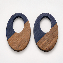 Resin & Walnut Wood Pendants, Waxed, Oval, Prussian Blue, 35.5x21.5x3~4mm, Hole: 16x10mm(RESI-S384-001A-A01)