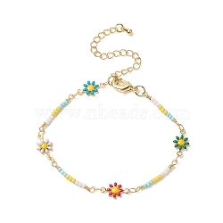 Brass Flower Link Chain Bracelet with Seed Beaded for Women, Colorful, 6-3/4 inch(17cm)(BJEW-JB09297)