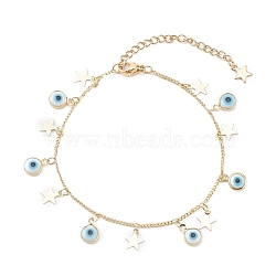 Glass Evil Eye Charm Bracelets, with Brass Curb Chains and Star Charms, White, Golden, 7-5/8 inch(19.3cm)(BJEW-JB06061)