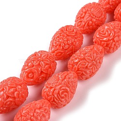 Dyed Synthetical Coral Teardrop Shaped Carved Flower Bud Beads Strands, Orange Red, 21x14x14mm, Hole: 1mm, about 16pcs/strand, 13 inch(CORA-L009-03)