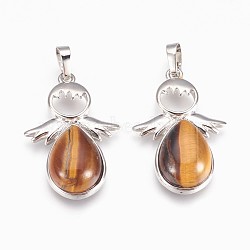 Natural Tiger Eye Pendants, with Brass Findings, Angel, Platinum, 37x24.5x8mm, Hole: 8x5mm(G-P378-E03)