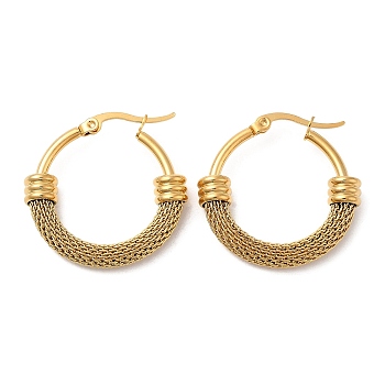 304 Stainless Steel Mesh Chains Hoop Earrings, Real 18K Gold Plated, 27.5x28.5x6mm