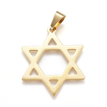 Religion Theme 304 Stainless Steel Pendants, Large Hole Pendants, for Jewish, Star of David, Golden, 38x30x1mm, Hole: 9mm