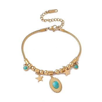 Synthetic Turquoise Charm Bracelet with Round Snake Chains, 304 Stainless Steel Jewelry for Women, Golden, Oval Pattern, Oval: 19x12x4mm, 7-1/8 inch(18cm)