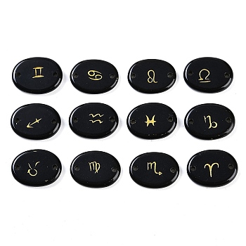 12Pcs 12 Styles Twelve Constellation Natural Obsidian Flat Oval Links Connector Charms, 16x12x3mm, Hole: 1.2mm, 1pc/style