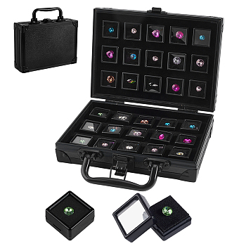 Rectangle Aluminum Alloy with MDF Organizer Cases, with 30Pcs Square Plastic Visible Window Gems Cases with Spooge Inside, Black, 20.1x15.5x6.3cm