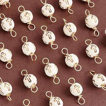 30Pcs Unfinished Wooden Connector Charms, Round with Laser Cut Cross Pattern, with Golden Tone Copper Wire Loops, Navajo White, 19.5~21.5x10~10.5mm, Hole: 3~3.5mm