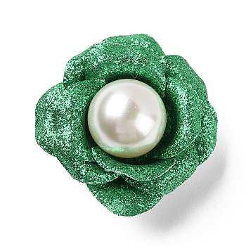 Flower Glitter Imitation Leather with Plastic Pearl Brooch Pin, Platinum Tone Iron Pin for Clothes Bags, Green, 43~46x43~44x29mm