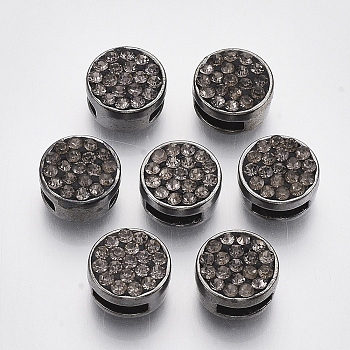 Alloy Slide Charms, with Polymer Clay Rhinestone, Flat Round, Gunmetal, PP13(1.9~2mm), 11x6.5mm, Hole: 7x2.5mm and 1.6mm
