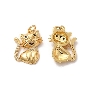 Brass Micro Pave Cubic Zirconia Pendants, with Jump Ring, Cat, Real 18K Gold Plated, 23.5x15x5mm, Hole: 3mm