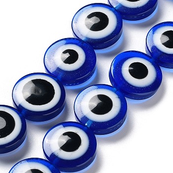 Resin Imitation Lampwork Beads Strands, Flat Round with Evil Eye, Dark Blue, 20x9mm, Hole: 1.4mm, about 20pcs/strand, 15.94 inch(40.5cm)