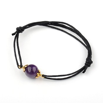 Gemstone Adjustable Link Bracelets, with Alloy Bead Caps and Waxed Cotton Cord, Antique Golden, Amethyst, 43~75mm