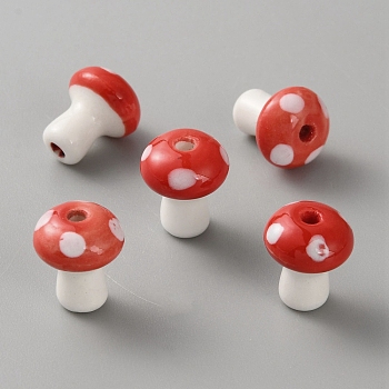 Handmade Porcelain Beads, Hand Painted Ceramic Beads, Rainbow Glazed Porcelain, Mushroom, Red, 12.5x10.5mm, Hole: 1.8mm