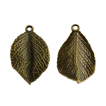 Tibetan Style Alloy Leaf Pendants, Cadmium Free & Nickel Free & Lead Free, Antique Bronze, 35x20.5x3mm, Hole: 2.5mm