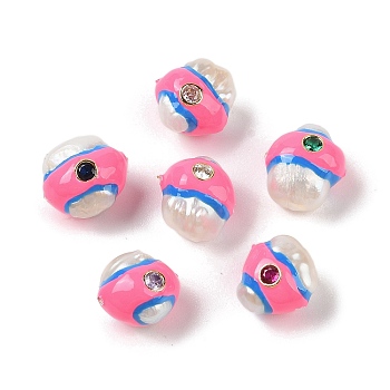 Natural Keshi Pearl with Cubic Zirconia Enamel Beads, Hand Drawn Beads, Nuggets, Hot Pink, 12~16x12~15x12~15mm, Hole: 1mm