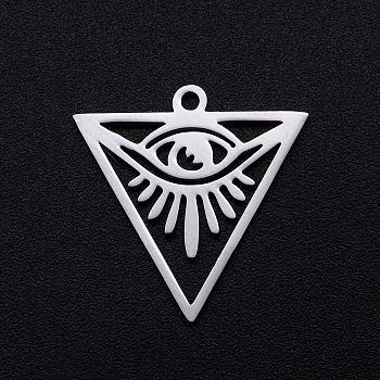 201 Stainless Steel Pendants, Filigree Joiners Findings, Laser Cut, Triangle with Eye, All Seeing Eye, Stainless Steel Color, 20x19.5x1mm, Hole: 1.4mm