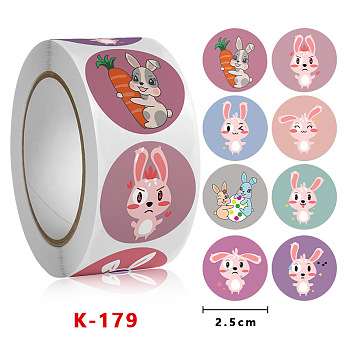 8 Styles Easter Stickers, Adhesive Labels Roll Stickers, Gift Tag, for Envelopes, Party, Presents Decoration, Flat Round, Rabbit Pattern, 25mm, 500pcs/roll