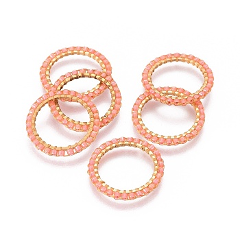 MIYUKI & TOHO Handmade Japanese Seed Beads, with Golden Plated 304 Stainless Steel Link Rings, Loom Pattern, Ring/Circle, Light Salmon, 18~19x1.7mm, Inner Diameter: 14mm