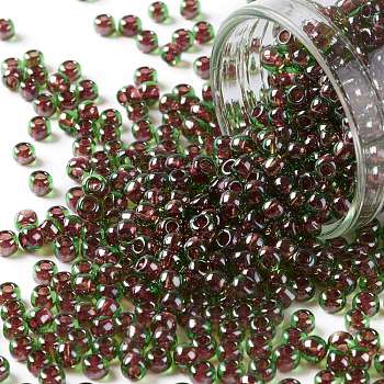 TOHO Round Seed Beads, Japanese Seed Beads, (250) Inside Color Peridot/Fuchsia Lined, 8/0, 3mm, Hole: 1mm, about 222pcs/bottle, 10g/bottle