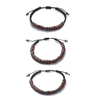 3Pcs 3 Style Morse Code Stackable Bracelets Set, Natural Maple Wood & Synthetic Hematite Braided Bead Bracelets for Men Women, Coconut Brown, Inner Diameter: 1-3/4~3 inch(4.5~7.5cm), 1Pc/style