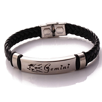 Braided Leather Cord Bracelets, Constellation Bracelet for Men, Gemini, 8-1/4 inch(21cm)