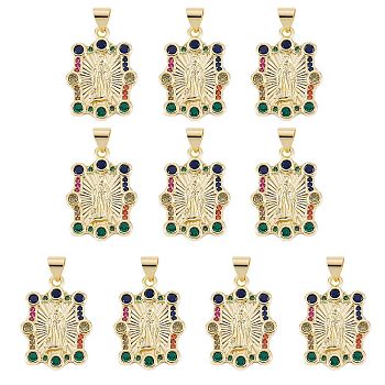 10Pcs Rack Plating Brass Micro Pave Cubic Zirconia Pendants, Real 18K Gold Plated, Long-Lasting Plated, Rectangle with Virgin Mary, Colorful, 23.5x16.5x2mm, Hole: 4x3mm