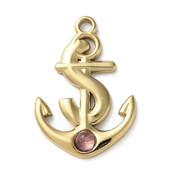 Vacuum Plating 316 Stainless Steel Pendants, with Natural Amethyst, Anchor, Real 18K Gold Plated, 23x15.5x3mm, Hole: 1.8mm