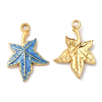 304 Stainless Steel Enamel Pendants, Real 18K Gold Plated, Maple Leaf Charm, Steel Blue, 22x15x2mm, Hole: 1.6mm