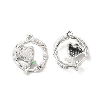 Rack Plating Alloy Enamel Pendants, with ABS Plastic Imitation Pearl and Rhinestone, Nickel Free, Ring with Flower, Platinum, 21x18x5mm, Hole: 1.6mm