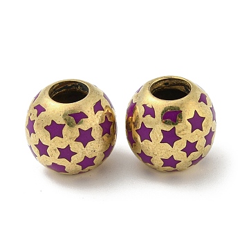 Brass Enamel European Beads, Large Hole Beads, Golden, Round with Star, Purple, 13x12mm, Hole: 5mm