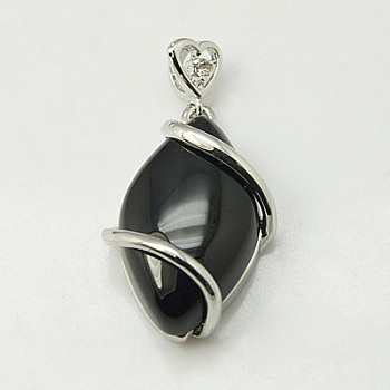 Natural Black Agate Pendants, with Brass Rhinestone Findings,  Horse Eye, 36x17.5x7~9mm, Hole: 2.5x4mm