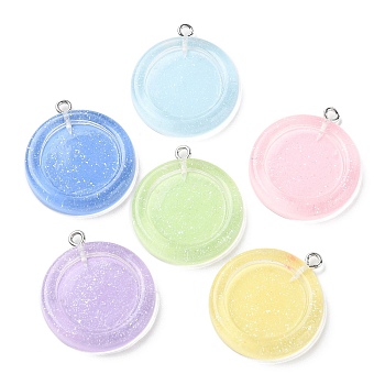 Translucent Resin Pendants, Glitter Flat Round Charms with Platinum Plated Iron Loops, Mixed Color, 29x25x5mm, Hole: 2mm