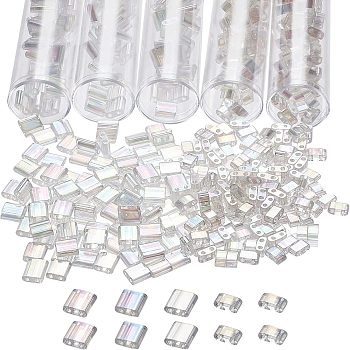 528Pcs 2 Style 2-Hole Transparent Glass Seed Beads, AB Color Plated, Rectangle, Clear AB, 4.5~5.5x2~5.5x2~2.5mm, Hole: 0.5~0.8mm