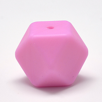 Food Grade Eco-Friendly Silicone Beads, Chewing Beads For Teethers, DIY Nursing Necklaces Making, Faceted Cube, Hot Pink, 14x14x14mm, Hole: 2mm