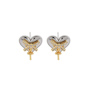 Brass Micro Pave Clear Cubic Zirconia Stud Earring Findings, for Half Drilled Beads, Nickel Free, Heart with Bowknot, Platinum, 13x13mm, Pin: 0.6mm, Pin: 0.6mm(for Half Drilled Beads)