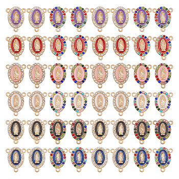 48Pcs 12 Colors Alloy Enamel Chandelier Components Links, 3-Loop Connector, Rosary Center Piece, with Rhinestone, Oval with Virgin Mary, Mixed Color, 20.5x16x3mm, Hole: 1.6mm, 4pcs/color