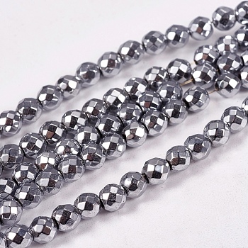 Electroplate Non-magnetic Synthetic Hematite Beads Strands, Faceted, Round, Grade AAAA, Platinum Plated, 4mm, Hole: 1mm, about 100pcs/strand, 16 inch