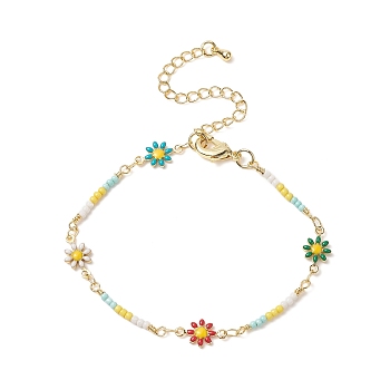 Brass Flower Link Chain Bracelet with Seed Beaded for Women, Colorful, 6-3/4 inch(17cm)