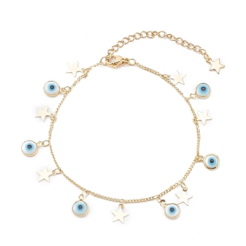 Glass Evil Eye Charm Bracelets, with Brass Curb Chains and Star Charms, White, Golden, 7-5/8 inch(19.3cm)