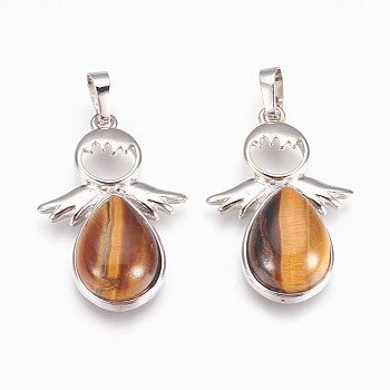 Natural Tiger Eye Pendants, with Brass Findings, Angel, Platinum, 37x24.5x8mm, Hole: 8x5mm