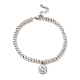 304 Stainless Steel Flat Round Charm Bracelet with Clear Cubic Zirconia(BJEW-B057-03P)-1