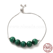 Rhodium Plated 925 Sterling Silver Slider Bracelets, with Synthetic Malachite Round Beaded, with S925 Stamp, Real Platinum Plated, 8-5/8 inch(22cm)(BJEW-P303-01P)