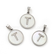 304 Stainless Steel with White Shell Pendants, Stainless Steel Color, Flat Round with Letter Charm, Letter.T, 18x16x1.5mm, Hole: 3x6mm(STAS-G268-01T-P)