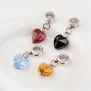Faceted Heart Glass European Dangle Charms with Alloy Findings, Mixed Color, 26mm, Hole: 4.5mm(PALLOY-JF00182)