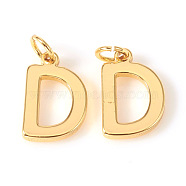 Brass Charms, with Jump Rings, Letter, Real 18K Gold Plated, Letter.D, D: 10x7x1mm, Hole: 2.5mm(KK-I672-01D-G)