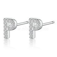 Rhodium Plated 925 Sterling Silver Initial Letter Stud Earrings, with Cubic Zirconia, Platinum, Letter P, 5x5mm(HI8885-16)
